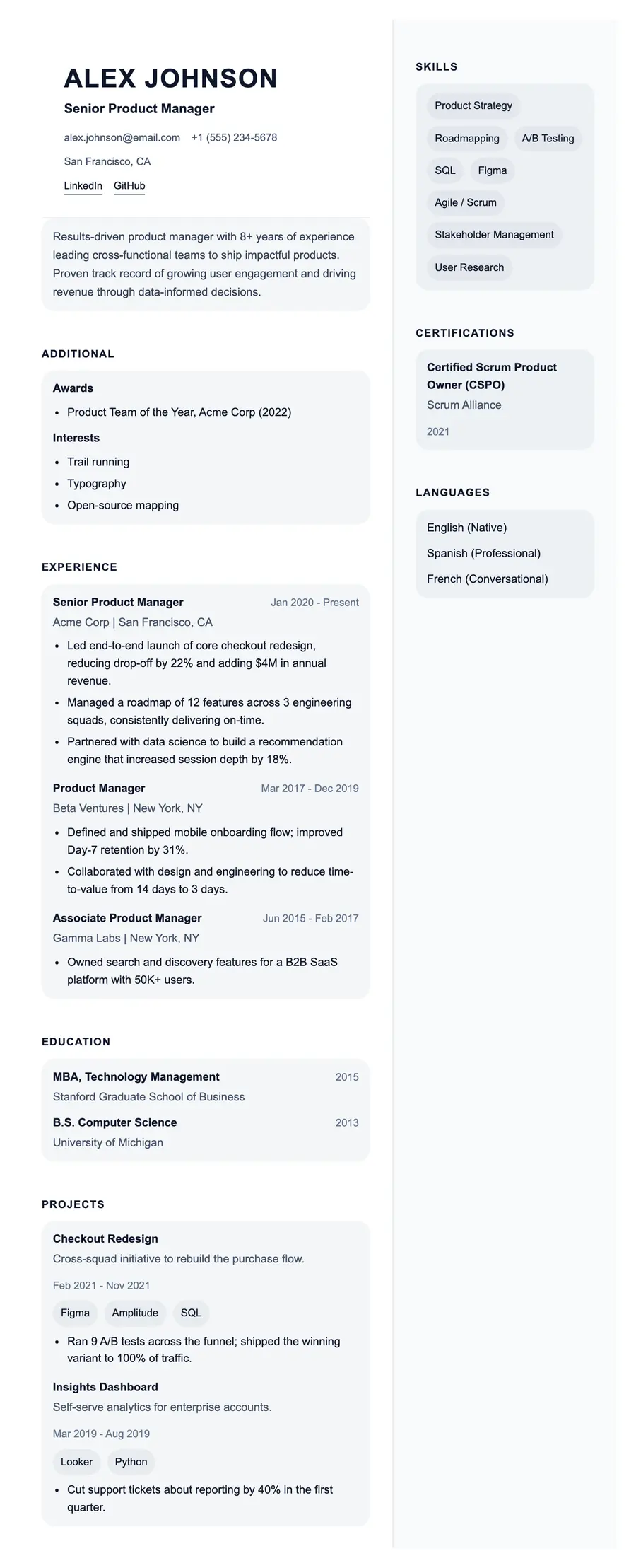 Aldgate resume template, shown full size