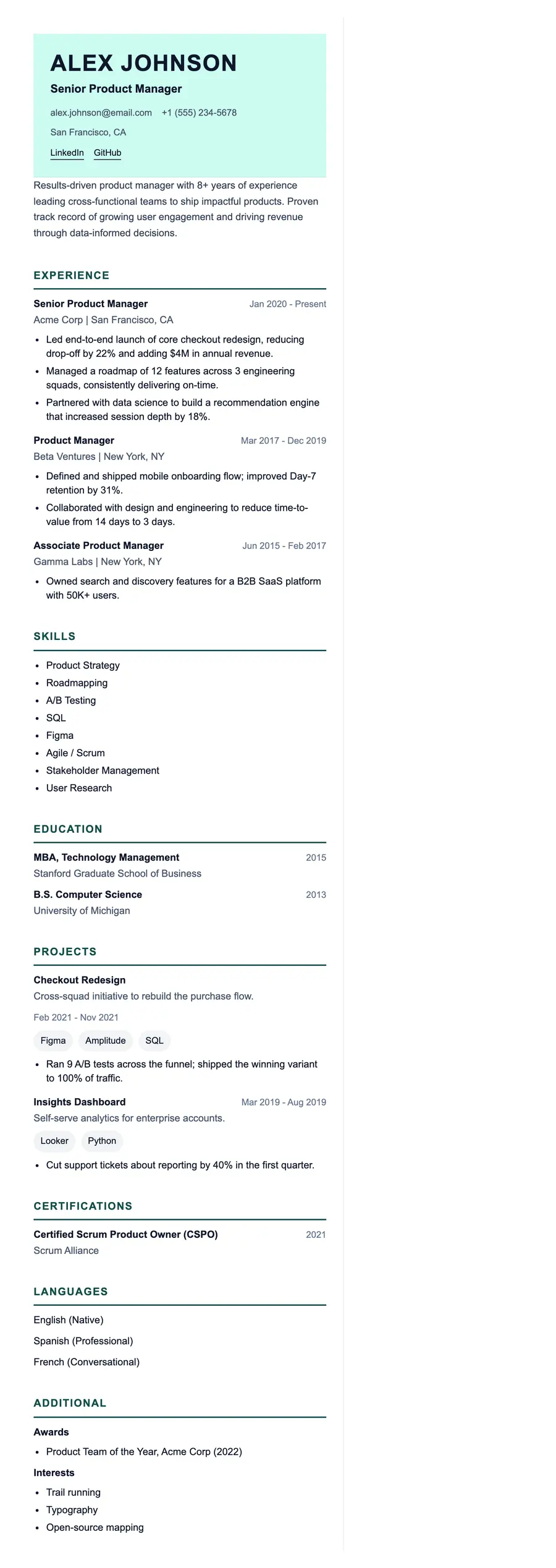 Apex resume template, shown full size