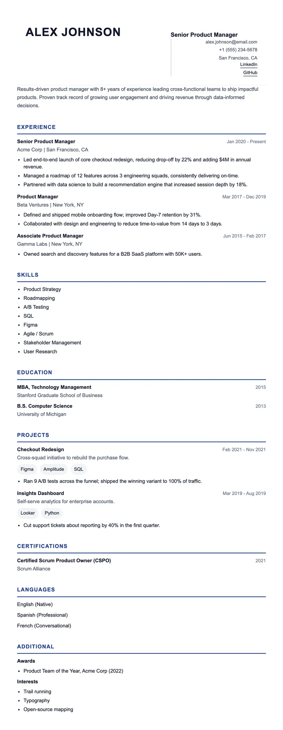 Blanc resume template, shown full size