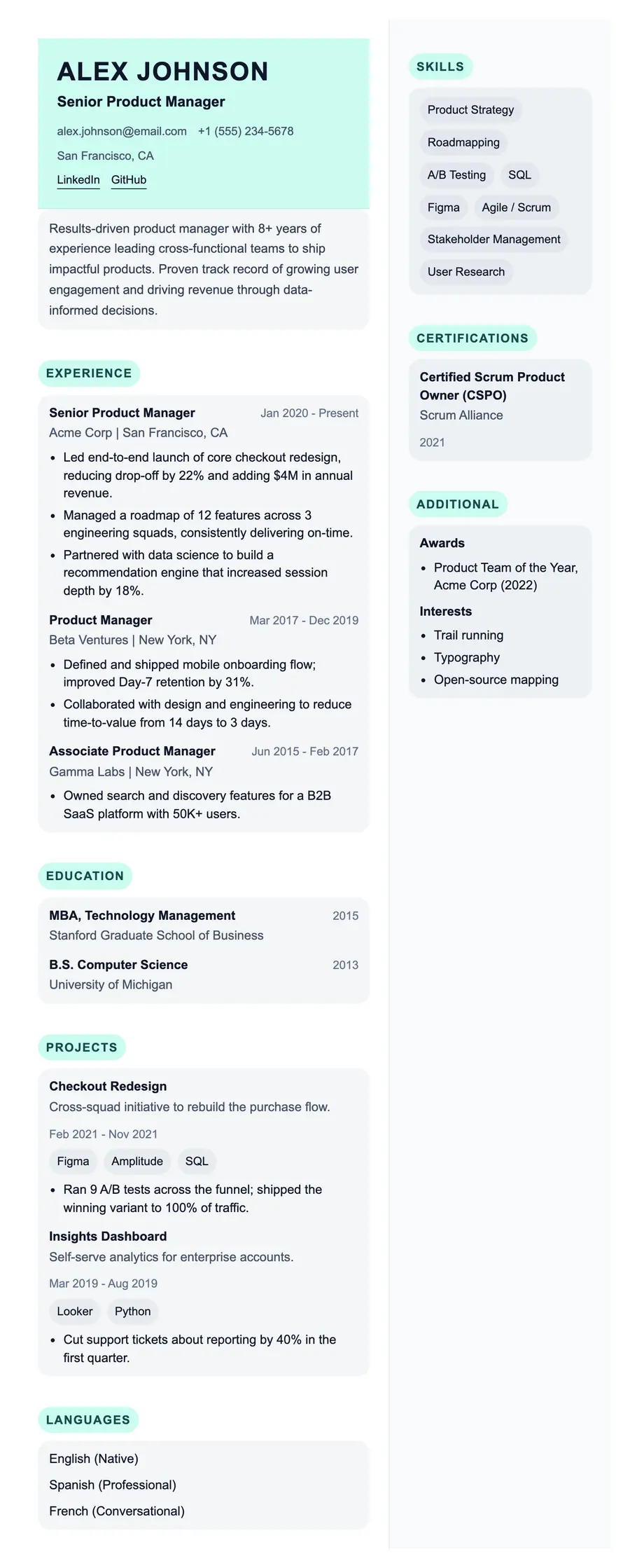 Easel resume template, shown full size