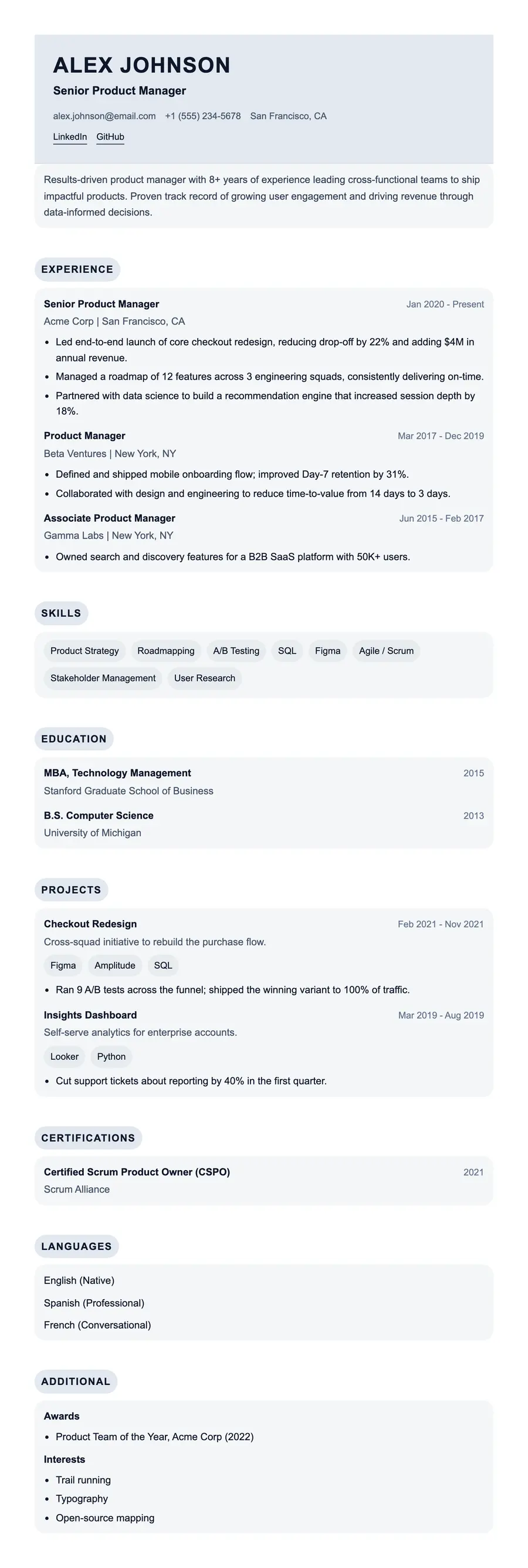 Onyx resume template, shown full size