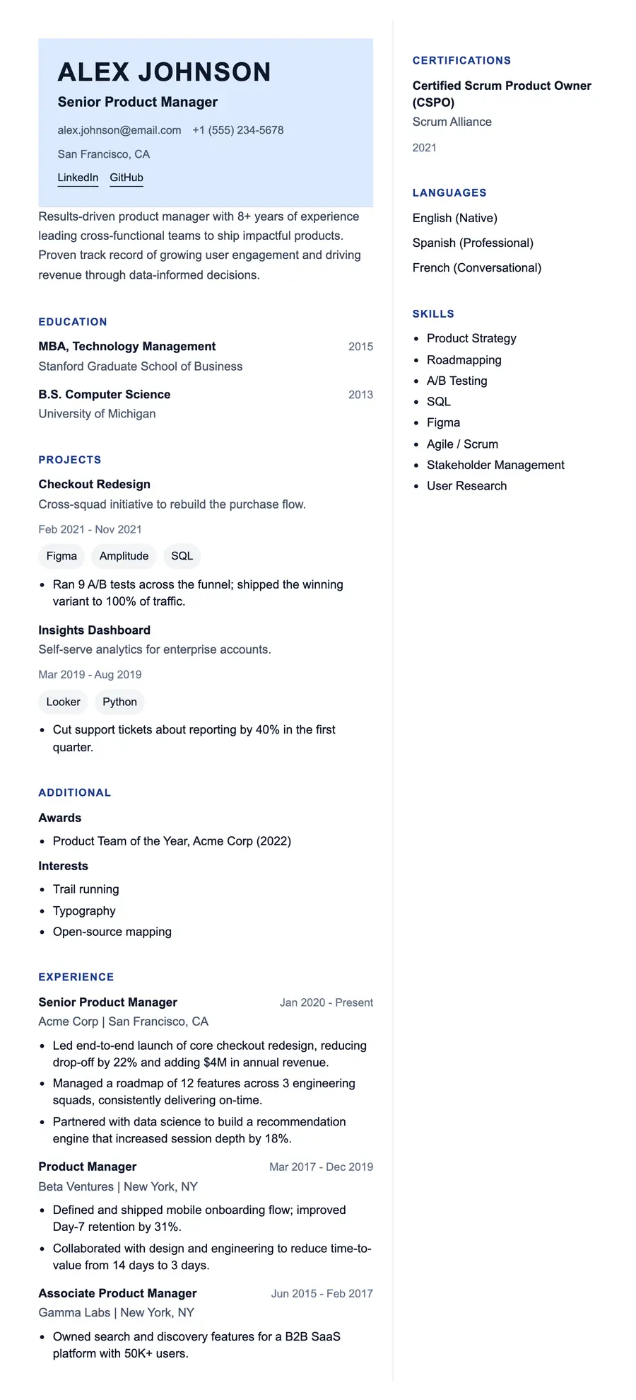 Phase resume template, shown full size