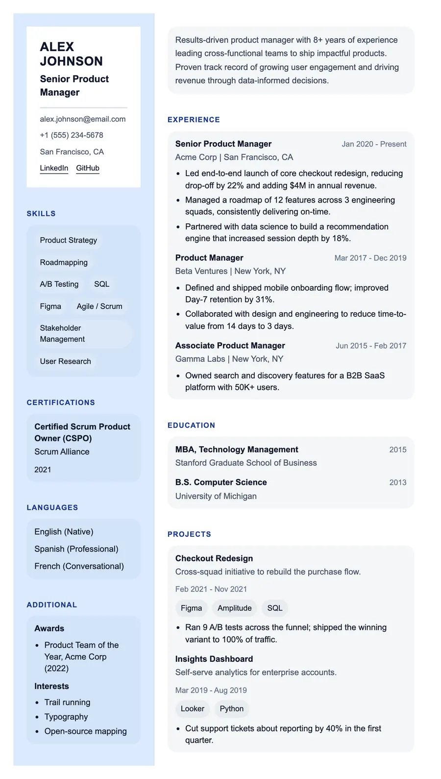 Pure resume template, shown full size