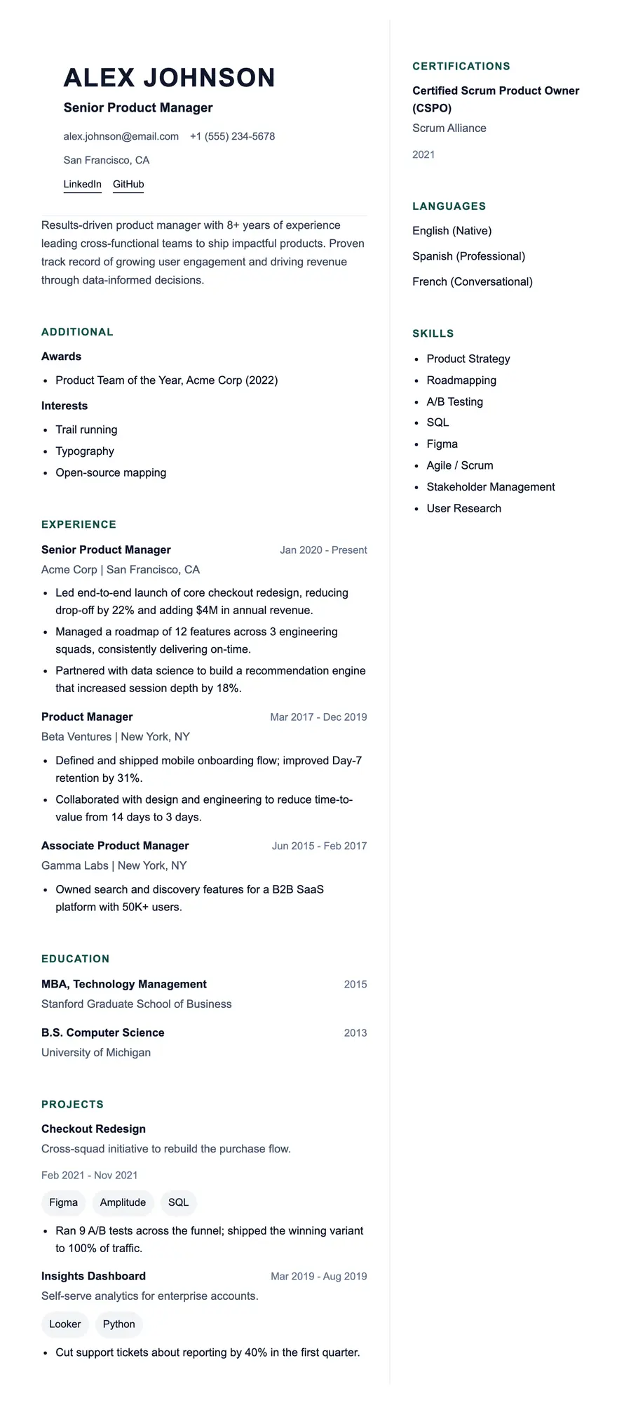 Reflex resume template, shown full size
