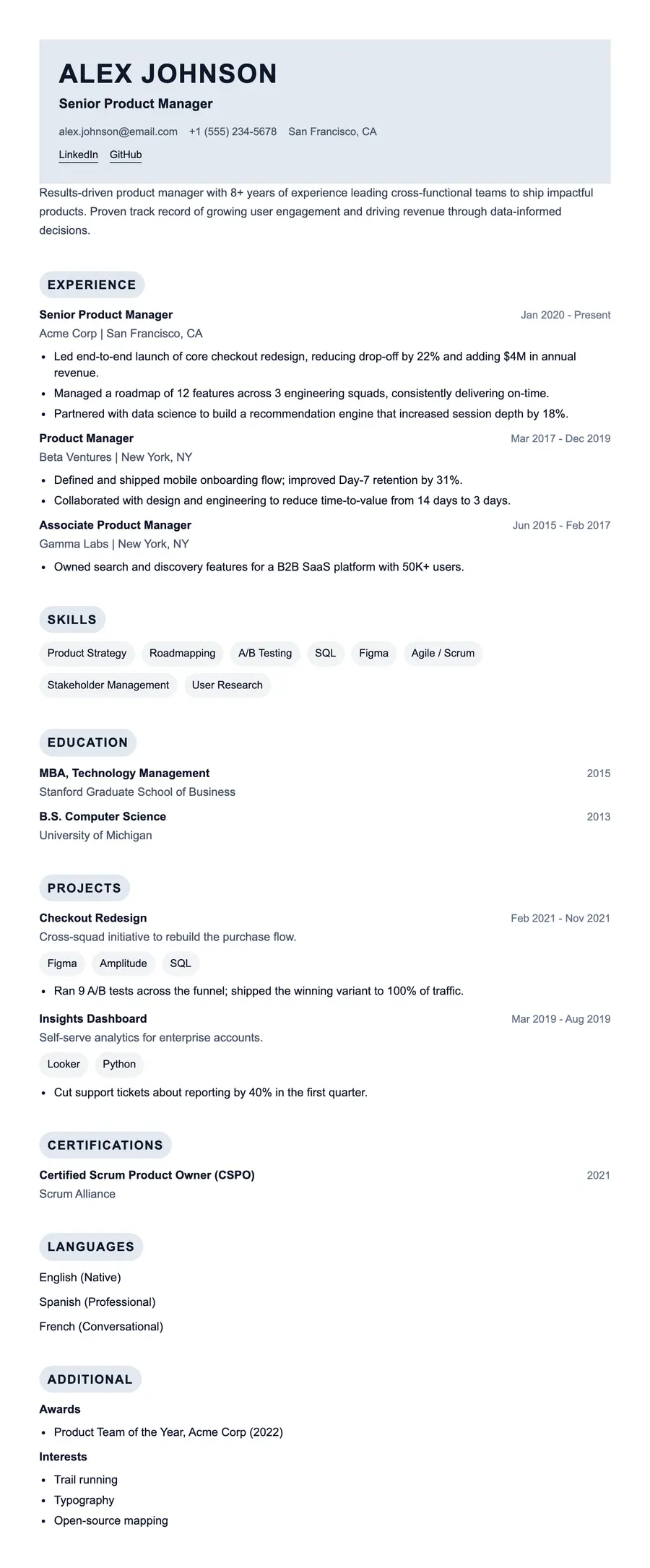 Spare resume template, shown full size